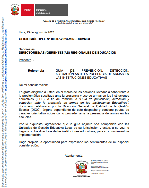 Guía de prevención, detección y actuación ante la presencia de armas en las Instituciones Educativas